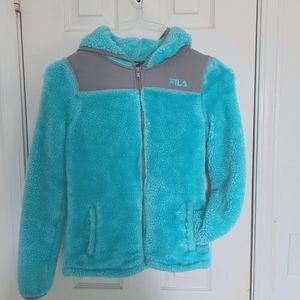 Fila Girls teal fuzzy hooded jacket (L)